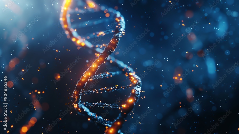 Glowing DNA strand surrounded by dynamic sparks, deep blue background, closeup shot, hightech and futuristic Glowing DNA strand surrounded by dynamic sparks, deep blue background, closeup shot, hightech and futuristic