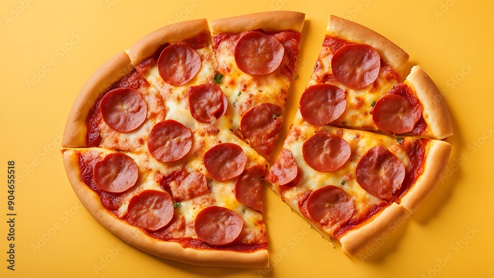 A delicious slice of pepperoni pizza soaring top view yellow background, Generative AI A delicious slice of pepperoni pizza soaring top view yellow background, Generative AI