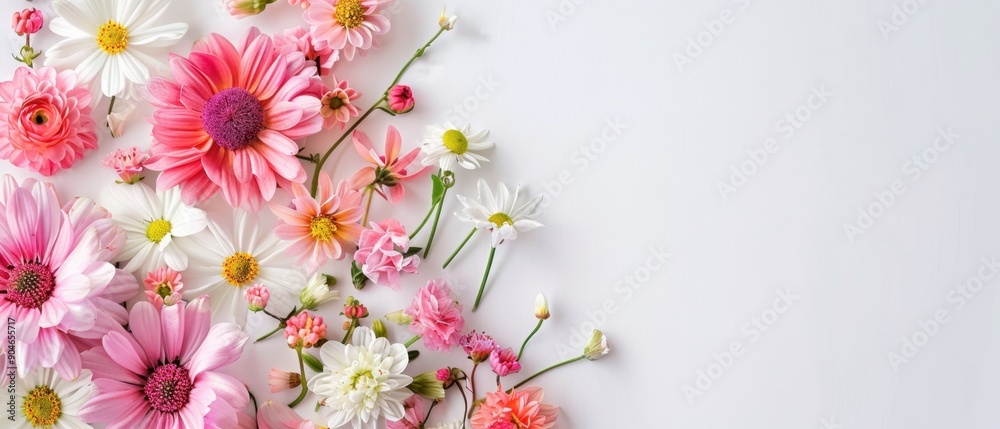 Beautiful assorted flowers on white background, featuring daisies, chrysanthemums, and asters in pink and white, with a minimalistic design. Beautiful assorted flowers on white background, featuring daisies, chrysanthemums, and asters in pink and white, with a minimalistic design.