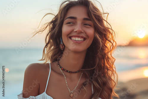 Tanned young smiling happy woman at tropical beach, sunset happy time concept. Woman relaxing at sea