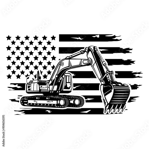 Excavator USA | Construction | Heavy Equipment | Distressed USA Flag | US Skilled workers | Trucks | Excavation | Skilled Operator | Original Illustration | Vector and Clipart | Cutfile and Stencil