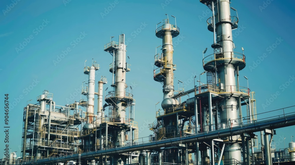Oil refinery plant against blue sky. Petroleum crude oil industry factory. Industrial scenery of gas energy production Oil refinery plant against blue sky. Petroleum crude oil industry factory. Industrial scenery of gas energy production
