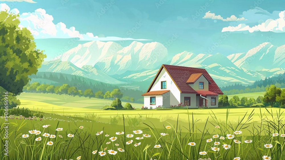 Fototapeta premium Vector illustration of a house in a rural area surrounded by panoramic meadows, mountains, and idyllic countryside