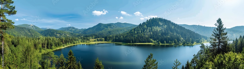 Scenic mountain lake surrounded by pine forests, midday, panoramic view, clear sky Scenic mountain lake surrounded by pine forests, midday, panoramic view, clear sky