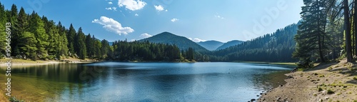 Scenic mountain lake surrounded by pine forests, midday, panoramic view, clear sky