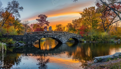 Stone arch bridge over tranquil lake, autumn colors, sunset, panoramic, warm tones