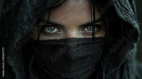 A mysterious woman with piercing green eyes looks intensely, her face partially covered with a dark cloth, under a hood.