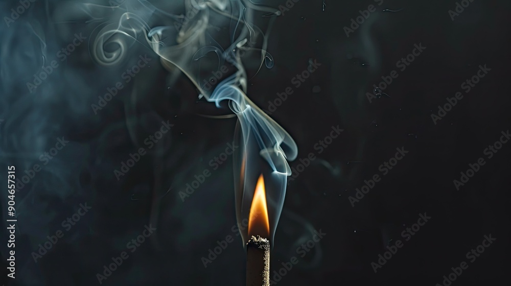 Close-up of a burning incense stick with smoke curling upwards against a black background Close-up of a burning incense stick with smoke curling upwards against a black background