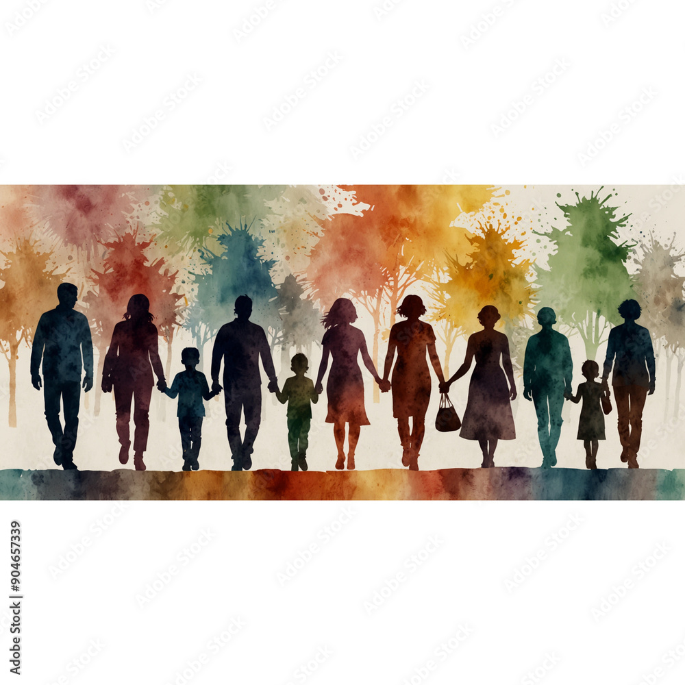 Naklejka premium A watercolor banner depicting silhouettes of people of different ages. The concept of celebrating the day of family, care and mutual understanding of different generations.