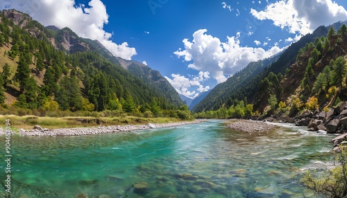 Turquoise river through alpine valley, midday, vibrant colors, wideangle lens, high detail