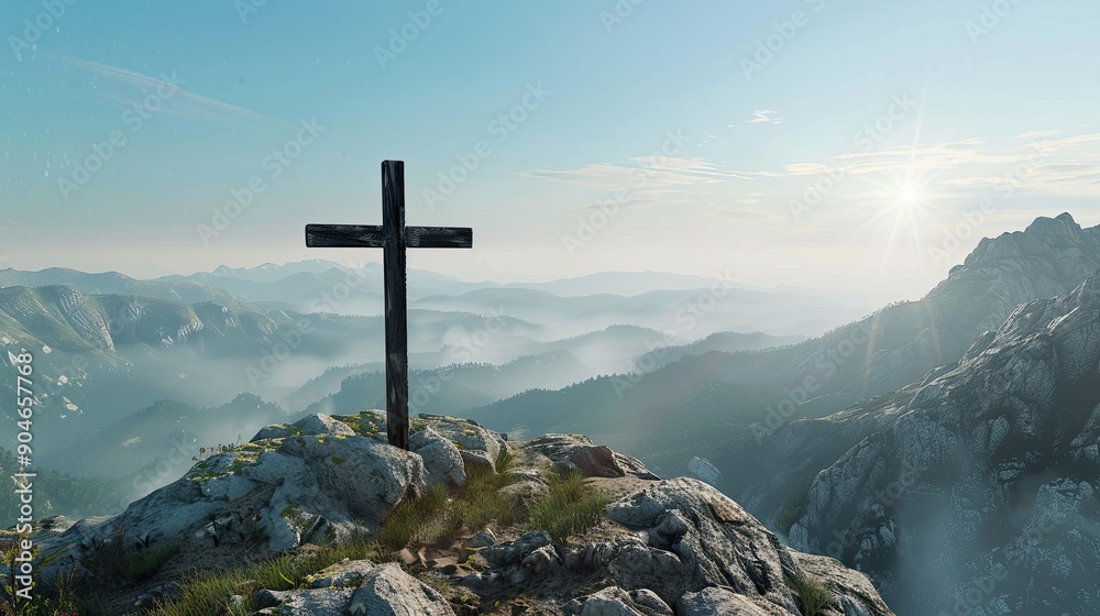 Close-up of a cross on a mountain summit, with expansive views and a clear sky in the background, symbolizing achievement and faith Close-up of a cross on a mountain summit, with expansive views and a clear sky in the background, symbolizing achievement and faith