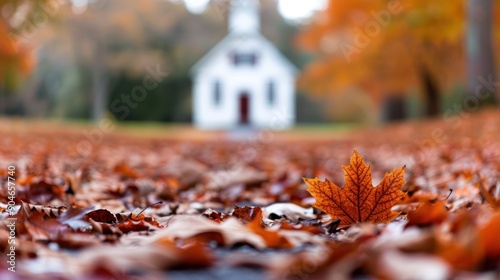 A country church with a pathway covered in autumn leaves