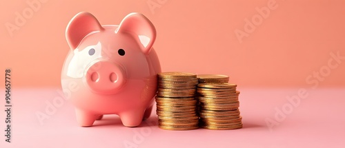 Piggy Bank with Coins on Pink Background.