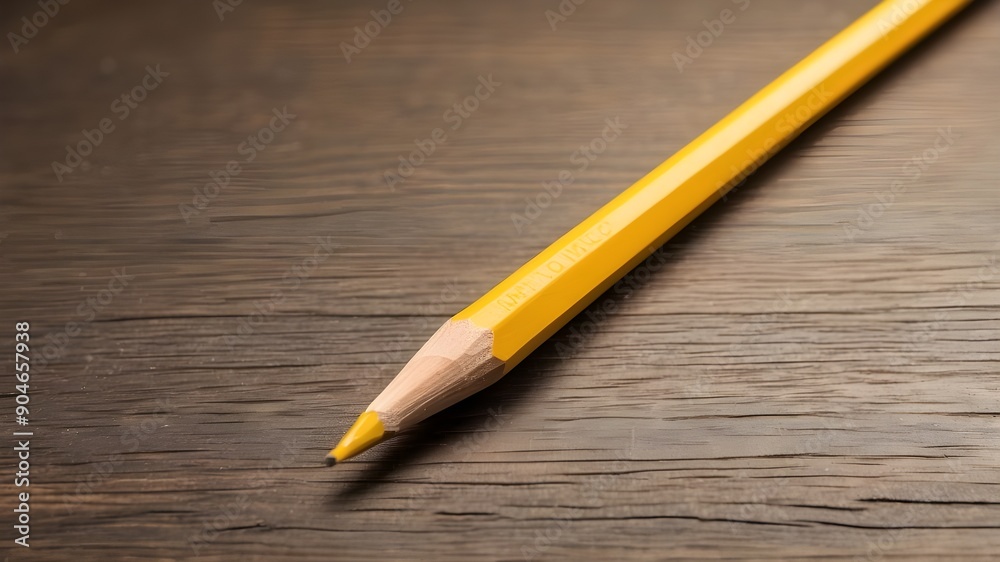 On a textured surface, a well-used classic yellow pencil with apparent wood grain is lying. On a textured surface, a well-used classic yellow pencil with apparent wood grain is lying.