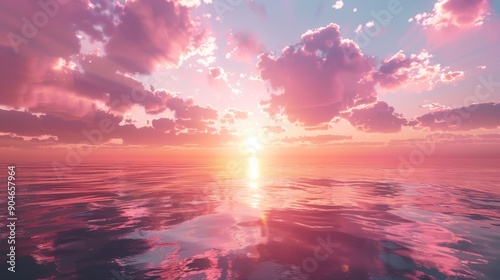 Pink Sunset Reflected in Water, Digital Art, Sky, Clouds, Ocean, Sunset