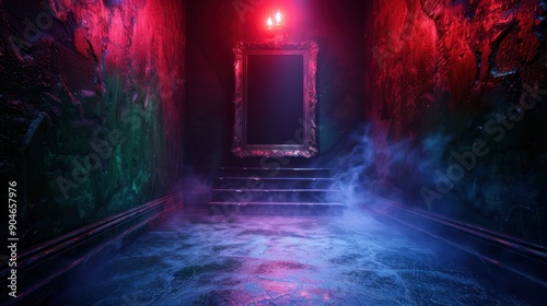 A creepy carnival funhouse with distorted mirrors, eerie clowns, and ghostly shapes