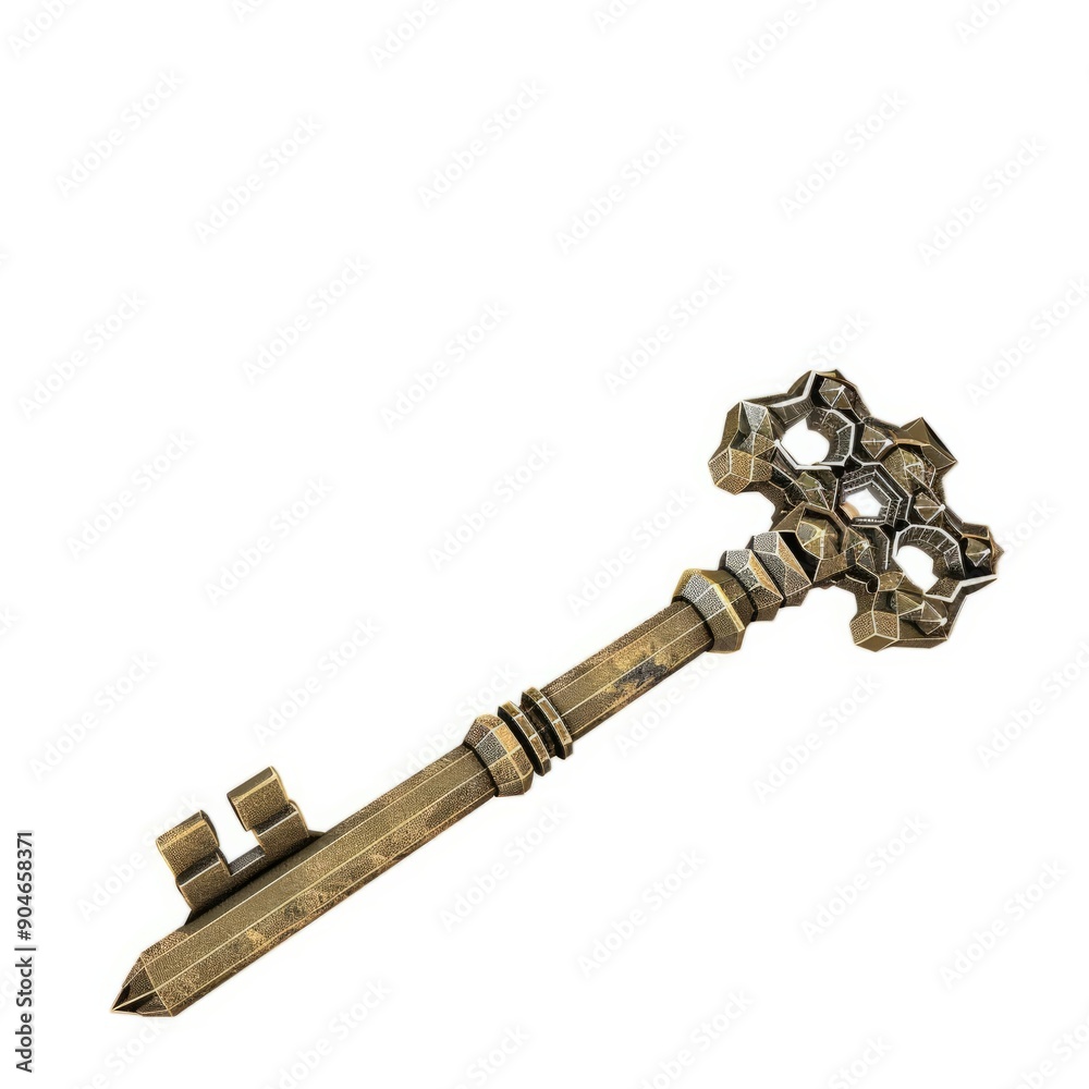 3D Render, Low Poly style of a Victorian-era skeleton key, on isolated white background, Generative AI 3D Render, Low Poly style of a Victorian-era skeleton key, on isolated white background, Generative AI