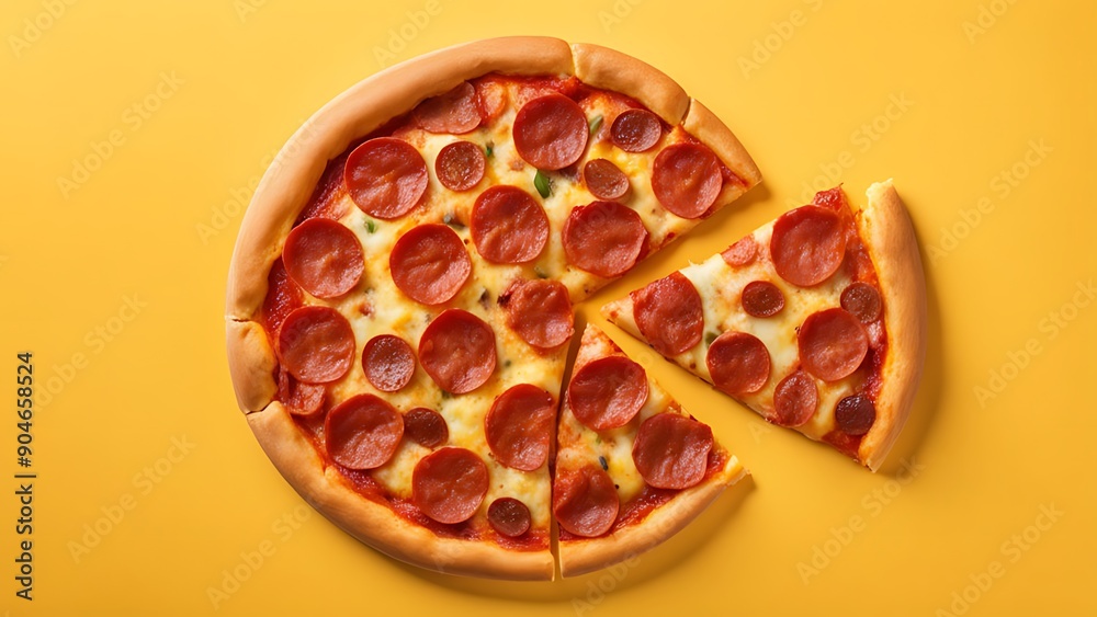 A delicious slice of pepperoni pizza soaring top view yellow background, Generative AI A delicious slice of pepperoni pizza soaring top view yellow background, Generative AI