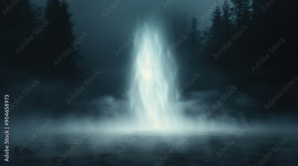 A dark forest with ghostly apparitions floating between the trees A dark forest with ghostly apparitions floating between the trees