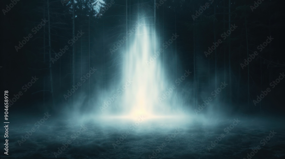 A dark forest with ghostly apparitions floating between the trees A dark forest with ghostly apparitions floating between the trees