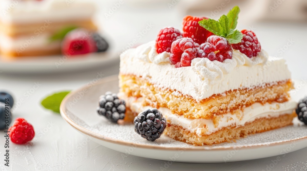 A delicious slice of tres leches cake, topped with fresh berries and a mint leaf A delicious slice of tres leches cake, topped with fresh berries and a mint leaf