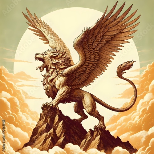 Phoenix Eagle rising from the ashes and dust imponent image. Created by AI generative photo