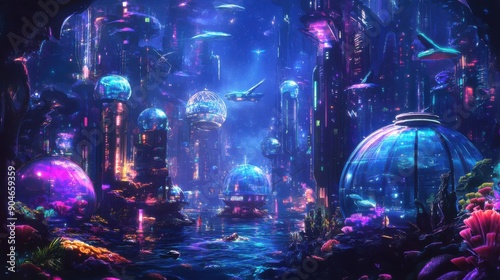 Fototapeta Naklejka Na Ścianę i Meble -  A futuristic underwater city with towering glass domes, bioluminescent plants, and diverse sea creatures interacting with human-like robots, in a vibrant sci-fi cartoon style, on a black background 
