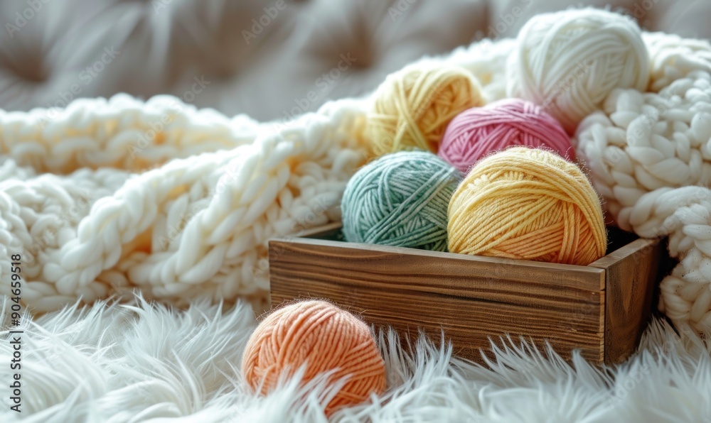 Colorful Yarn Balls in a Wooden Box Colorful Yarn Balls in a Wooden Box