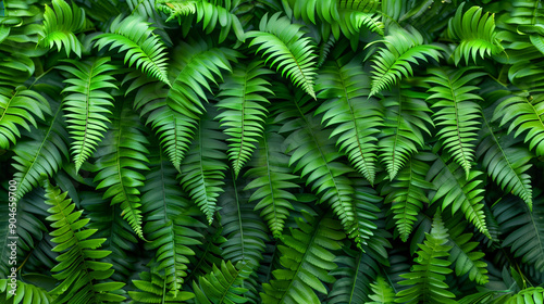 Lush green tropical fern leaves with intricate patterns creating a natural and vibrant background.