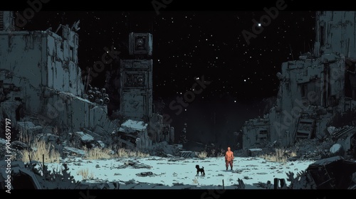Valokuva A post-apocalyptic landscape with a lone wanderer and their robotic dog explorin