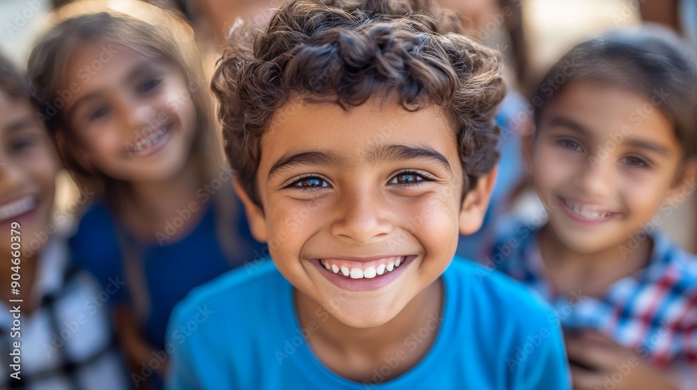 Diverse Group of Joyful Children Smiling Broadly at the Camera with a Focus on a Boy in a Bright Blue Shirt Diverse Group of Joyful Children Smiling Broadly at the Camera with a Focus on a Boy in a Bright Blue Shirt