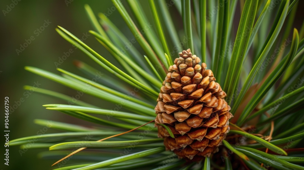 Cluster of pine needles with a pine cone, captured in a detailed close-up, showcasing their natural beauty Cluster of pine needles with a pine cone, captured in a detailed close-up, showcasing their natural beauty
