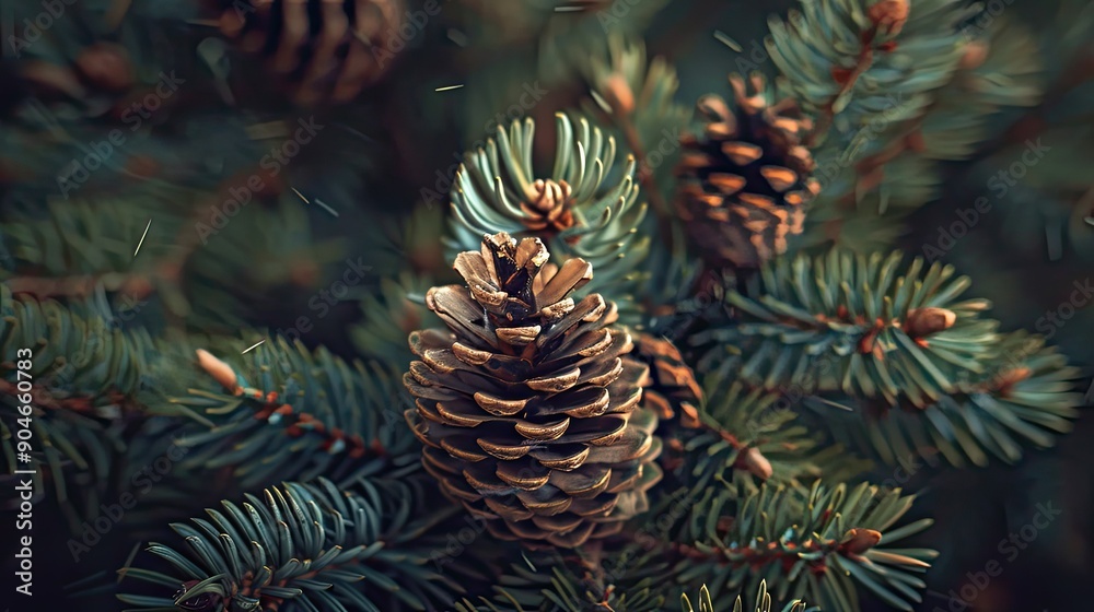 Cluster of pine needles with a pine cone, captured in a detailed close-up, showcasing their natural beauty Cluster of pine needles with a pine cone, captured in a detailed close-up, showcasing their natural beauty