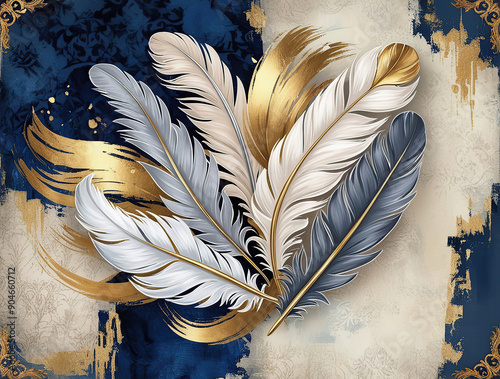 oil painting - Gold feathers with metallic effects, realistic texture. Seamless pattern.
