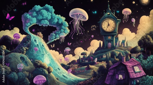 A surreal dreamscape with a giant clock melting over a hillside, while whimsical creatures like floating jellyfish and oversized butterflies explore the landscape, in a fantastical cartoon style,  photo