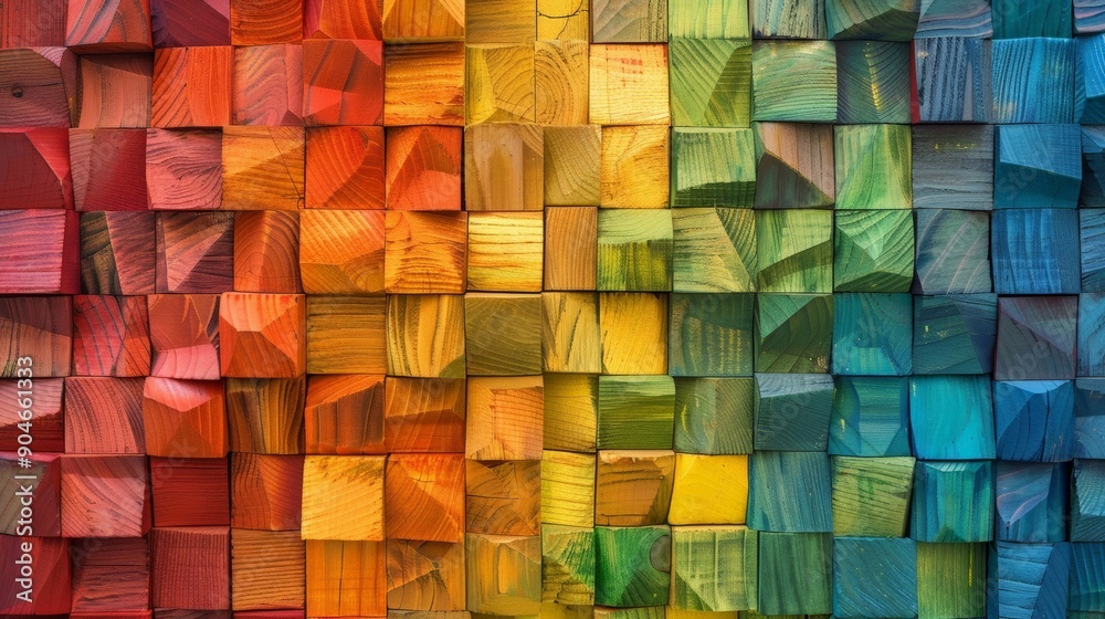 Fototapeta premium Vibrant 3D Rainbow Wooden Cube Wall Texture