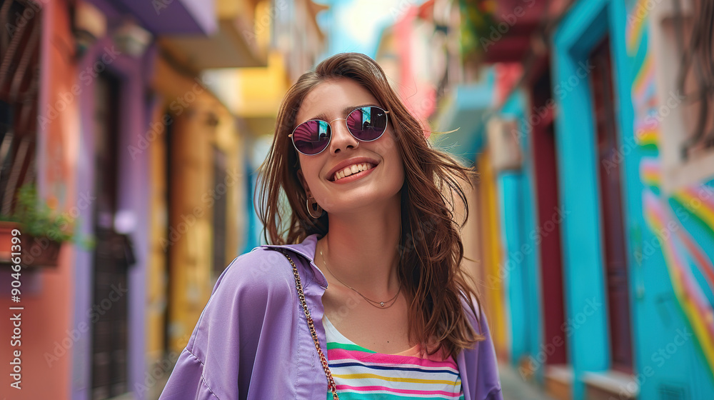 Portrait of a beautiful smiling woman wearing sunglasses and colorful walking in the street with buildings painted different colors Portrait of a beautiful smiling woman wearing sunglasses and colorful walking in the street with buildings painted different colors