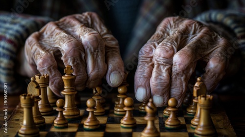 Wallpaper Mural Elderly chess player studying game strategy with wrinkled hands on chessboard. Torontodigital.ca