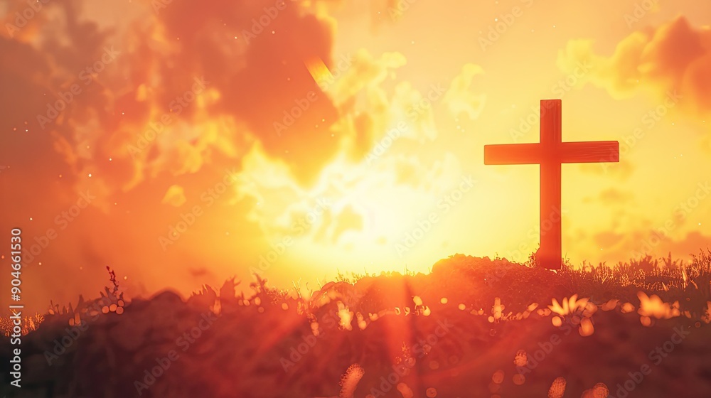 Detailed shot of a cross against the warm, glowing hues of a sunrise, highlighting themes of hope and new beginnings Detailed shot of a cross against the warm, glowing hues of a sunrise, highlighting themes of hope and new beginnings