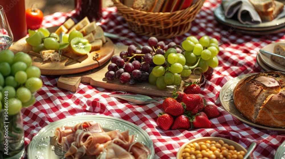 Detailed shot of a picnic blanket with American foods, creating a warm and enjoyable mealtime atmosphere Detailed shot of a picnic blanket with American foods, creating a warm and enjoyable mealtime atmosphere