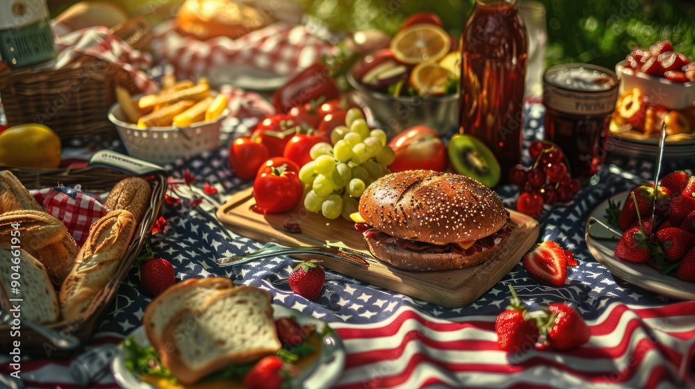 Detailed shot of a picnic blanket with American foods, creating a warm and enjoyable mealtime atmosphere Detailed shot of a picnic blanket with American foods, creating a warm and enjoyable mealtime atmosphere