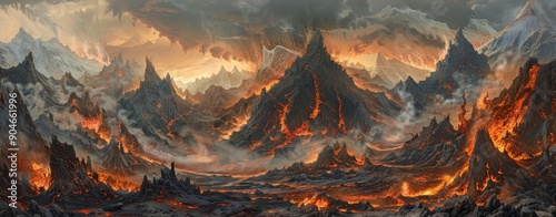 A fiery landscape with lava flowing down volcanic mountains.