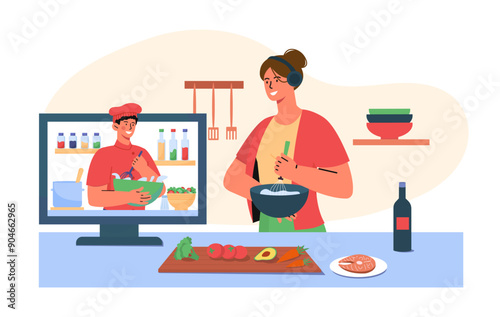 Woman with cooking tutorial. Young girl in kitchen watches video with cooking master class. Educational content on internet. Culinary bog. Flat vector illustration