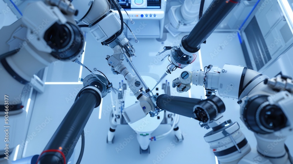 An overhead view of a robotic surgical suite, highlighting the precision and coordination of the robotic arms working in harmony.