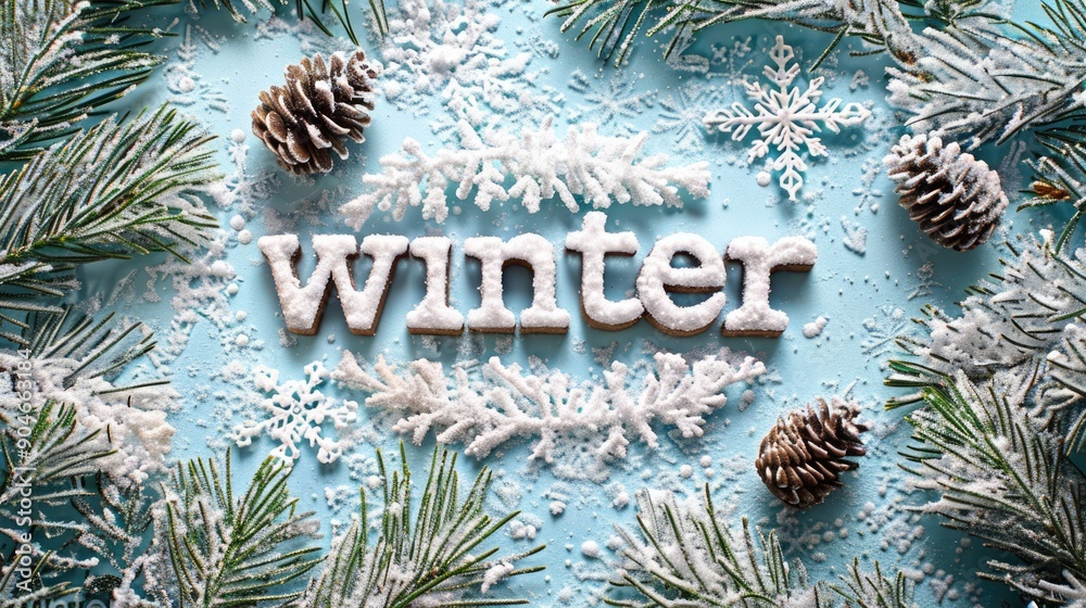 Word Winter on the snow surrounded by fir tree twigs and cones. Christmas and New Year seasonal theme Word Winter on the snow surrounded by fir tree twigs and cones. Christmas and New Year seasonal theme