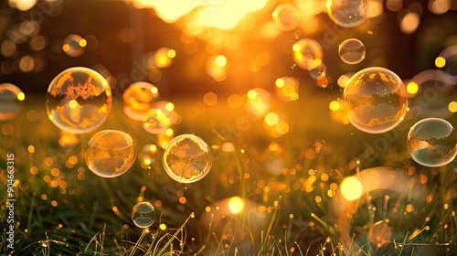 Floating bubbles over a grassy field, bathed in the golden light of a sunset, creating a whimsical and tranquil image photo