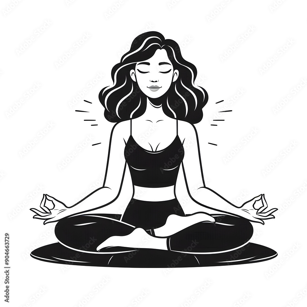 Girl Meditation, Black and White, Lotus position, Silhouette Girl Meditation, Black and White, Lotus position, Silhouette
