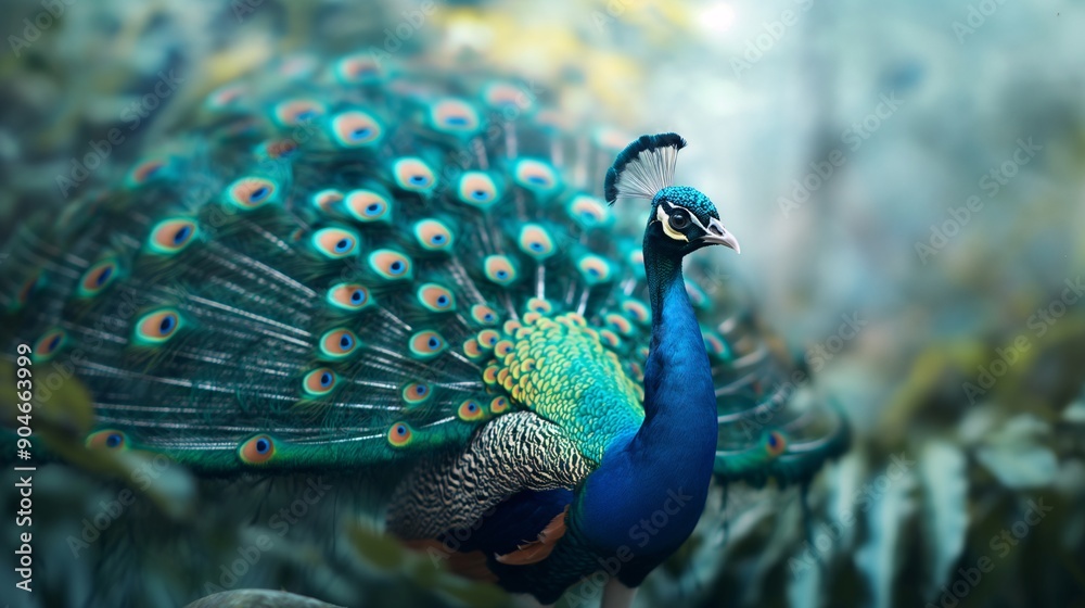 Obraz premium Peacock Majesty: A vibrant peacock with a majestic, iridescent tail feathers, showcasing the intricate details of its plumage against a soft, blurred background. 