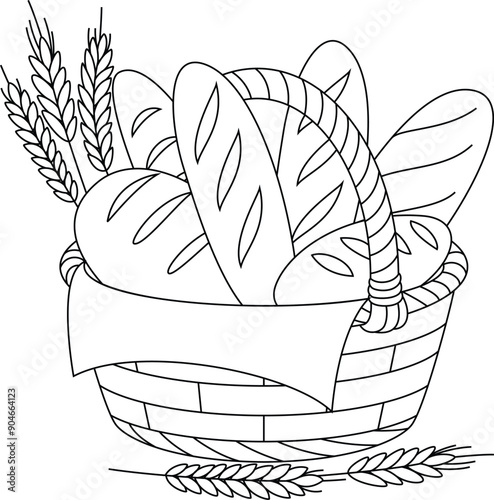 Basket full of freshly baked bread outline coloring page. Thanksgiving hand drawn colouring