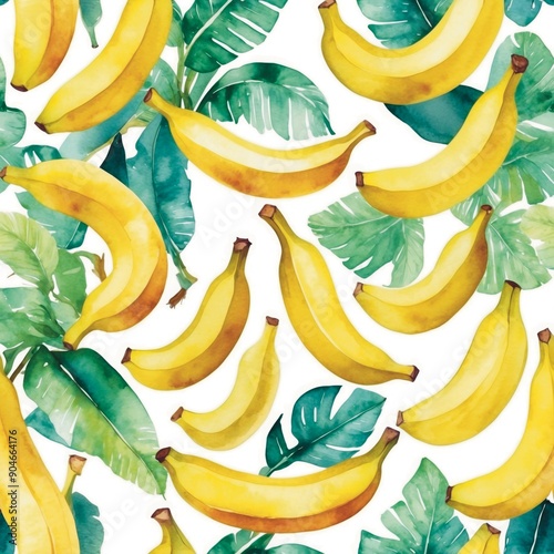 Watercolor Banana Pattern Fruit Seamless Pattern on White Background Wallpaper